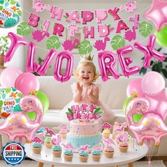 WORTHUG Pink Dinosaur 2nd Birthday Party Decorations Supplies for Girls, Incl