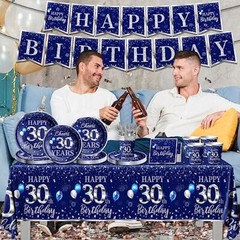 142 Pcs 30th Birthday Tableware Set Decorations Sliver and Blue 30th Happy Bi…