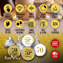 70th Birthday Gold Kisses Stickers, (Set of 324) Chocolate Drops Labels Stickers