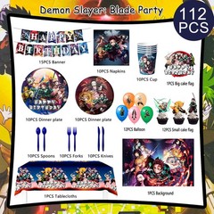 112 Pcs Demon Slayer Party Decorations and Tableware Set Banner Plates Backdrop