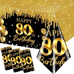 80th Birthday Tablecloth, 3Pcs Black Gold 80th Birthday Decorations Table Clo…