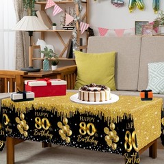CMUSKO 80th Birthday Tablecloth, 3Pcs Black Gold 80th Birthday Decorations Ta…