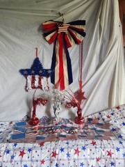 Patriotic Decorations Patriotic Bow, Tinsel Star, Tablecloth, Window Clings…..