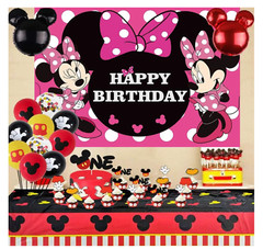 2 Pack Girl’s Birthday Party Backdrop & Table Cover – Cartoon Mouse Theme Minni
