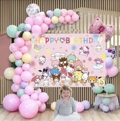 Hello Kitty & Friends Theme Party Decoration, 5×3.5ft Happy Birthday Backdrop