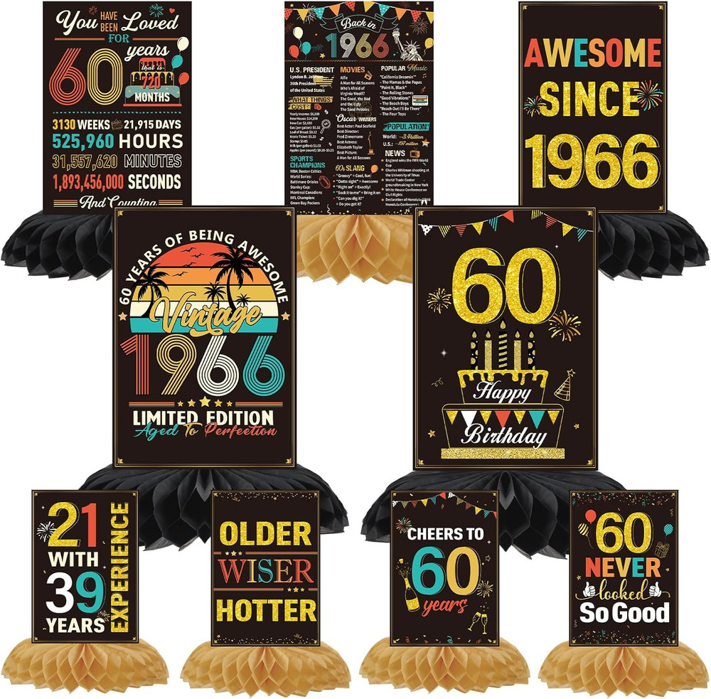 60Th Birthday Decorations for Men Women – 9PCS Black Gold Back in 1966 Birthday