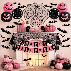 70PCS Halloween Decorations Set – Banner, Paper Lanterns & Fans, Spiderweb Table