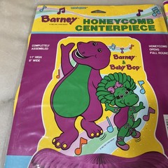 Vintage 1995 Barney Honeycomb Centerpiece 11 X 8 & 1992 Barney Table cover NEW!!