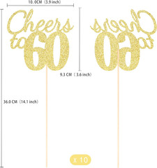 Cheers to 60, 10 Pack Double-Sided Gold Glitter 60Th Birthday Centerpieces for T