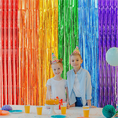 2 Pack Rainbow Foil Fringe Curtains, 3.3X6.6 Ft Metallic Tinsel Backdrop Party D