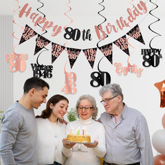 80Th Birthday Decorations for Women, Black Rose Gold Happy 80Th Birthday Banner