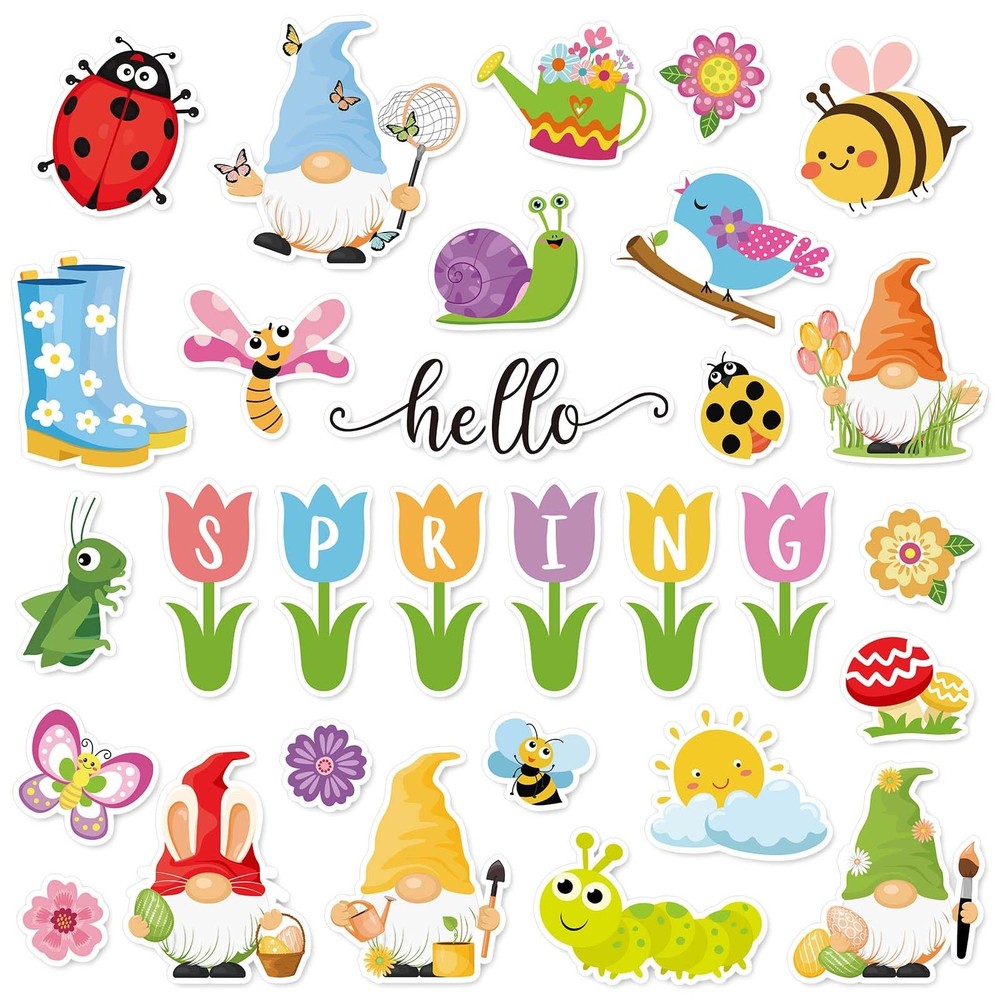 JarThenaAMCS 54Pcs Hello Spring Cutouts Tulip Flower Gnome Butterfly Bee Pape…