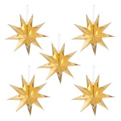 5 Pcs Paper Star Lanterns 9-Pointed Hanging Lampshade, Gold