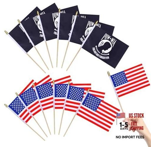 12Pack USA POW MIA Flags Mini HandHeld Flag Small Military Flags on Wooden