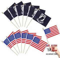 12Pack USA POW MIA Flags Mini HandHeld Flag Small Military Flags on Wooden