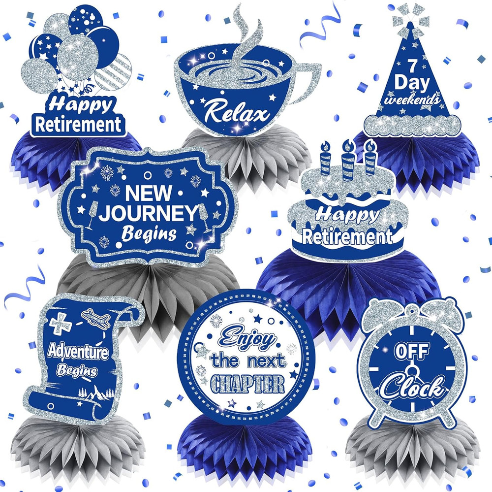 8Pcs Blue Retirement Decorations Navy Blue Silver Happy Retirement Table Honeyco