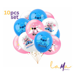 10pcs Blue Alien Stitch & Pink Companion Party Balloons – Birthday Decorations