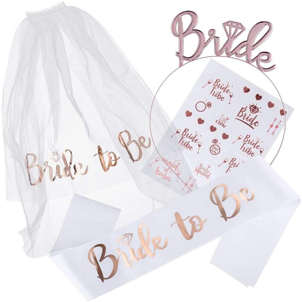 Bachelorette Party Decorations Bride To Be Sash Veil Tiara Temporary Tattoo Set