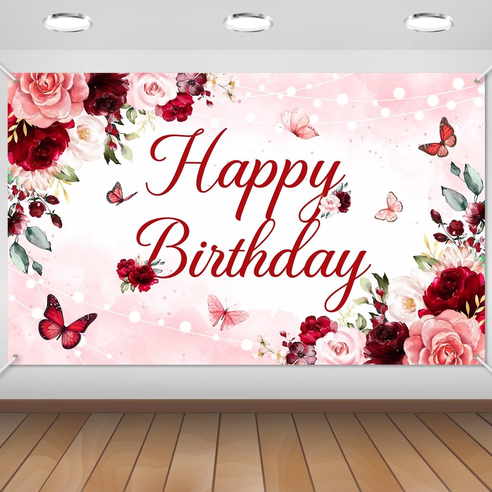Avezano Floral Happy Birthday Banner for Women Girls Rose Gold 6×3.6ft, Pink