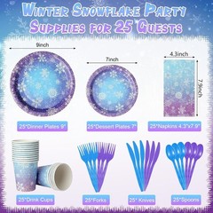 Paper Tableware Set 25 Pieces Blue Purple Snowflake Winter Holiday Party Supp…