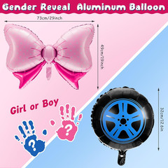 16Pcs Pink Aluminum Foil Balloons, 18″ Wheels & Bow Balloons Set for Gender Reve