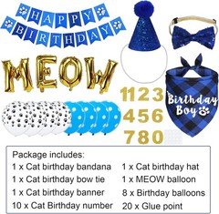 Stylish Blue Plaid Cat Birthday Party Supplies with Adjustable Fit for All Sizes
