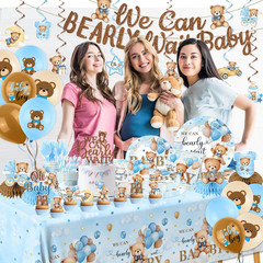 Blue Bear Baby Shower Decorations,219Pcs Baby Shower Tableware Set Banner, Plate