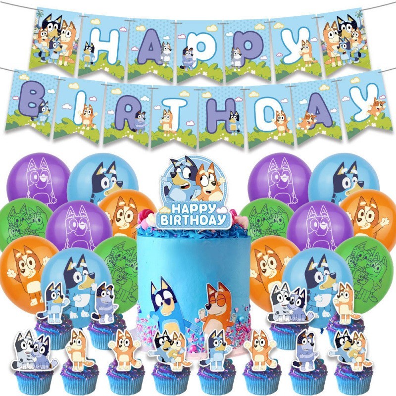 Bluey Theme Birthday Party Supplies Balloon Banner Cake Toppers