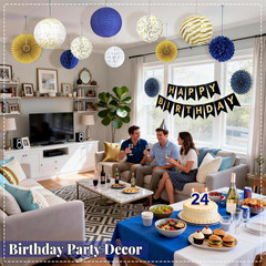 Blue and Gold Party Decorations – 22Pcs Hanging Navy Royal Blue White and Gold P