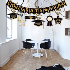 Graduation Hanging Swirl Banner Decorations, Black Gold Silver Star Banner