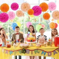 16 PCS Hot Pink Orange Party Decorations Tissue Paper Flowers Pom Poms Decora…