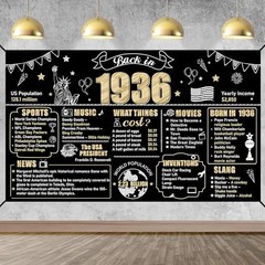 Large 90th Birthday Banner Backdrop Decorations for Women Men, Black Gold 90th