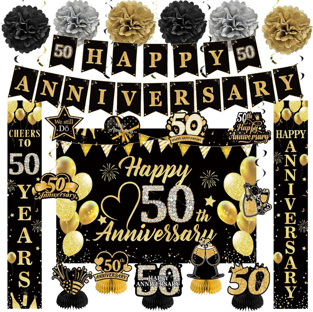 Happy 50Th Wedding Anniversary Decorations Kit, Black Gold Happy 50Th Anniversar