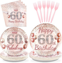 96 Pcs 60Th Birthday Party Supplies for Women Rose Gold 60 Years Old Paper Plate