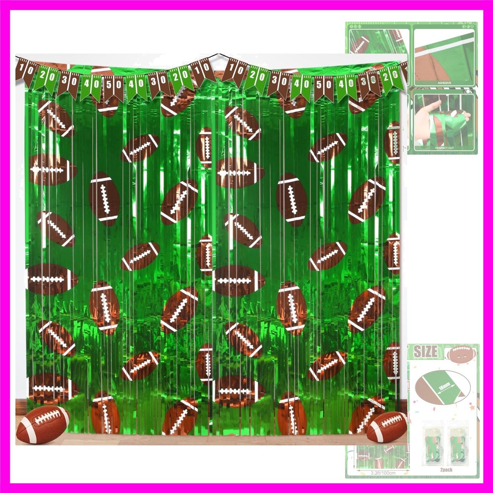 2 Pack Football Party Decorations Photo Props 3.3×6.6 ft Football Foil Fringe…