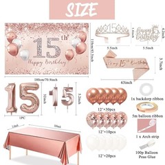 15th Birthday Decorations – Rose Gold Arch, Banner, Tablecloth, rose gold 15th