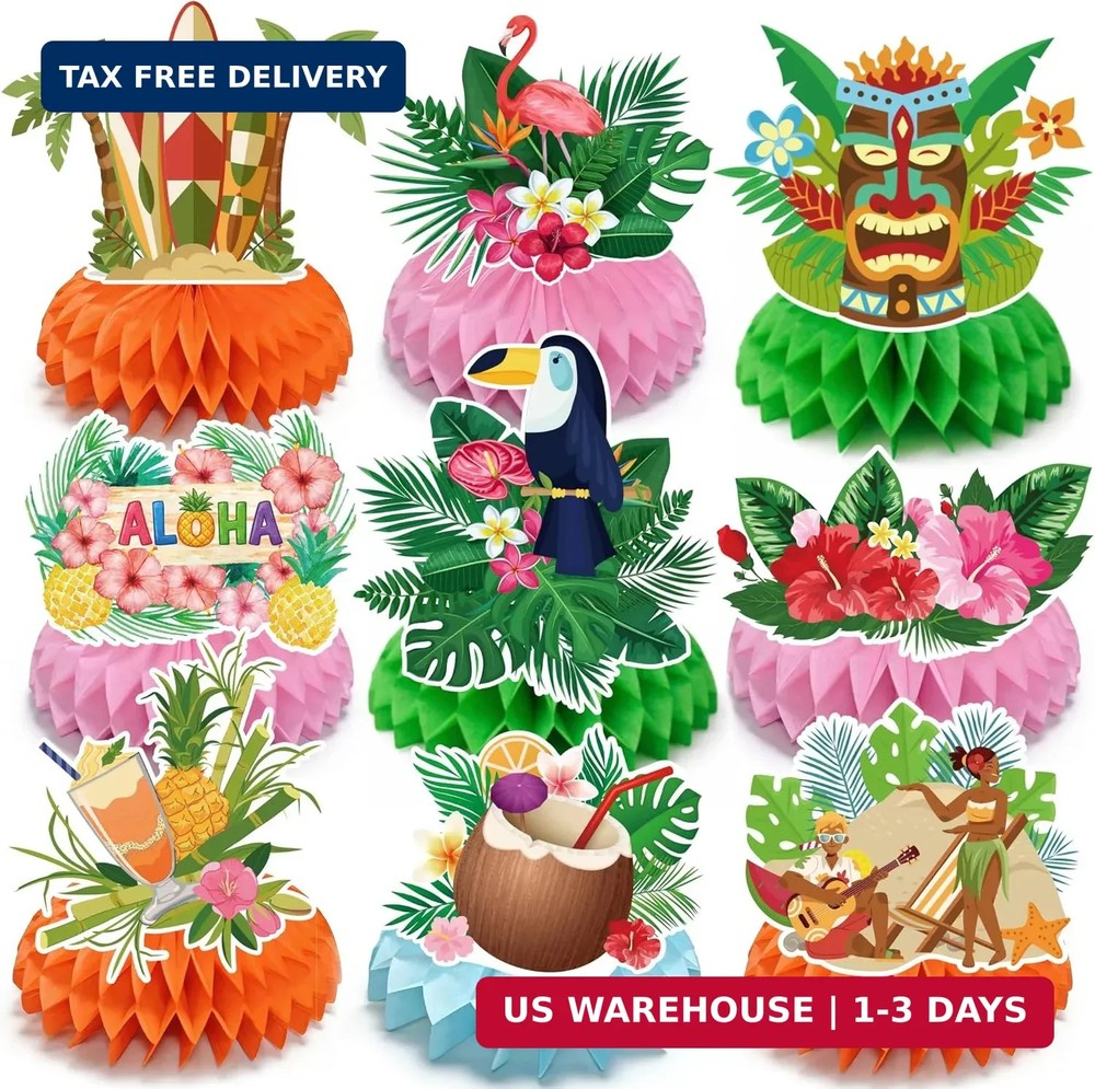 Luau Party Decorations – 9 PCS Hawaiian Honeycomb Table Centerpiece for Tiki and