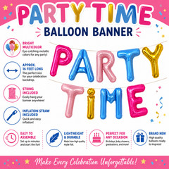 Party Time Mylar Balloon Banner Multicolor Birthday Party Decoration 16 Ft