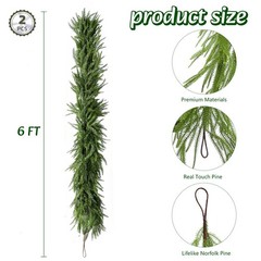 2 Pcs 6ft Norfolk Pine Garland – Artificial Greenery Garland for Modern Chris…