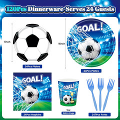 Soccer Party Decorations, 120Pcs Soccer Birthday Party Supplies-Serves 24 with S