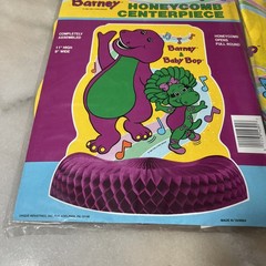 Vintage 1995 Barney Honeycomb Centerpiece 11 X 8 & 1992 Barney Table cover NEW!!
