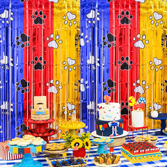 Paw Birthday Decorations,2Pack Blue Red Yellow Foil Fringe Curtains | Pawty Birt