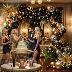 141Pcs Black and Gold Balloon Arch Kit with Happy Birthday Banner for Black a