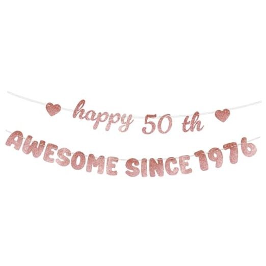 Rose Gold Birthday Decorations for Women – Glittery Happy Birthday Banner, 50th