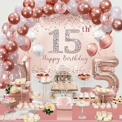 15th Birthday Decorations – Rose Gold Arch, Banner, Tablecloth, rose gold 15th