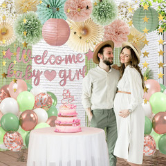 Dusty Pink Sage Green Baby Shower Decorations – Welcome Baby Girl Banner, Retro