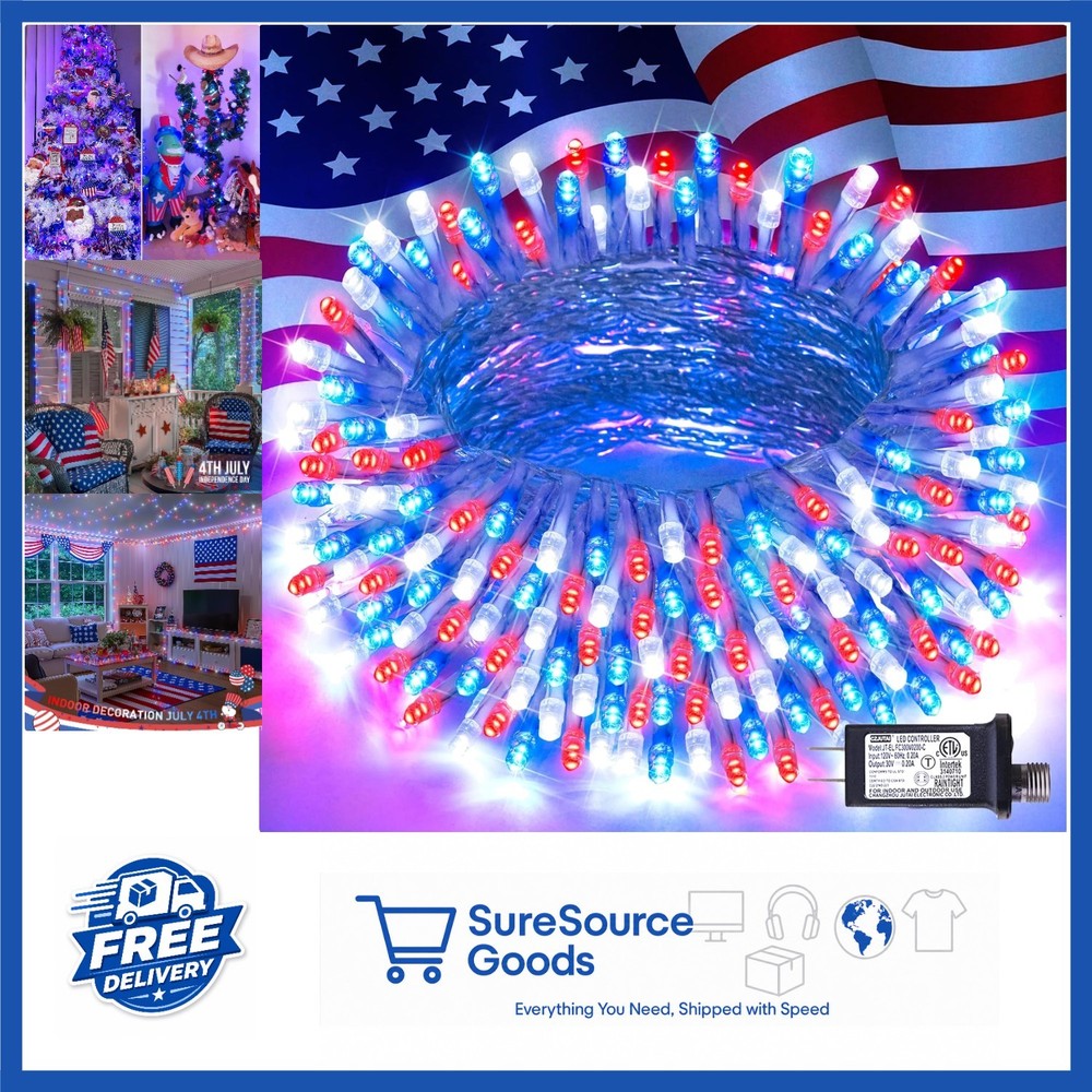 4th of July Decorations 100 LED String Lights Red White Blue 33ft Indoor Outdoor