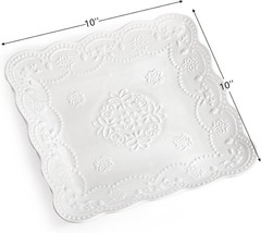 Tebery Set of 4 Square Embossed Ceramic Plate, 10 10 Inch Large, Ivory White
