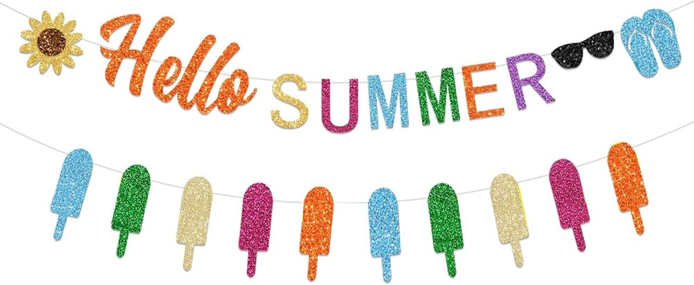Summer Garland Hello Summer Banner W/ Colorful Glittery Popsicle Banner