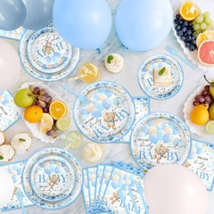 270 Pcs Baby Shower Decorations – Blue Bear Theme, Plates, Napkins, Cups, Balloo